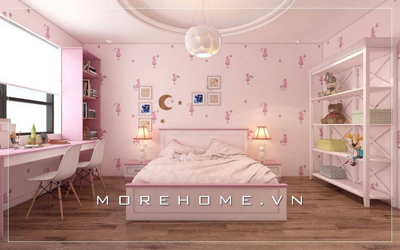 Mẫu kệ trang trí màu hồng bằng gỗ công nghiệp cho phòng ngủ của bé gái